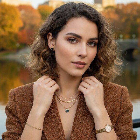 Elegant 18K Gold Plated Triple Layer Necklace & Heart Earrings Trendy Set ✨ - Picture 7 of 13